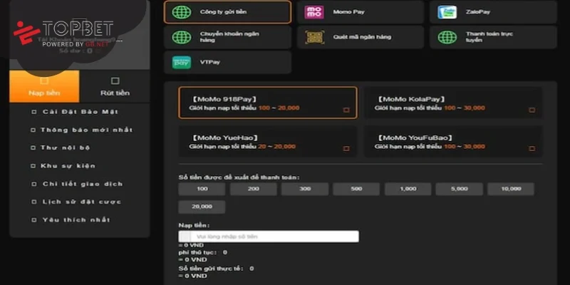Nhiều phương thức giao dịch tại nhà cái Topbet